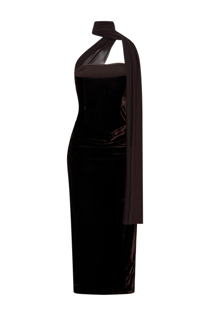 Mattea Velvet Midi Dress With Scarf - Chocolate