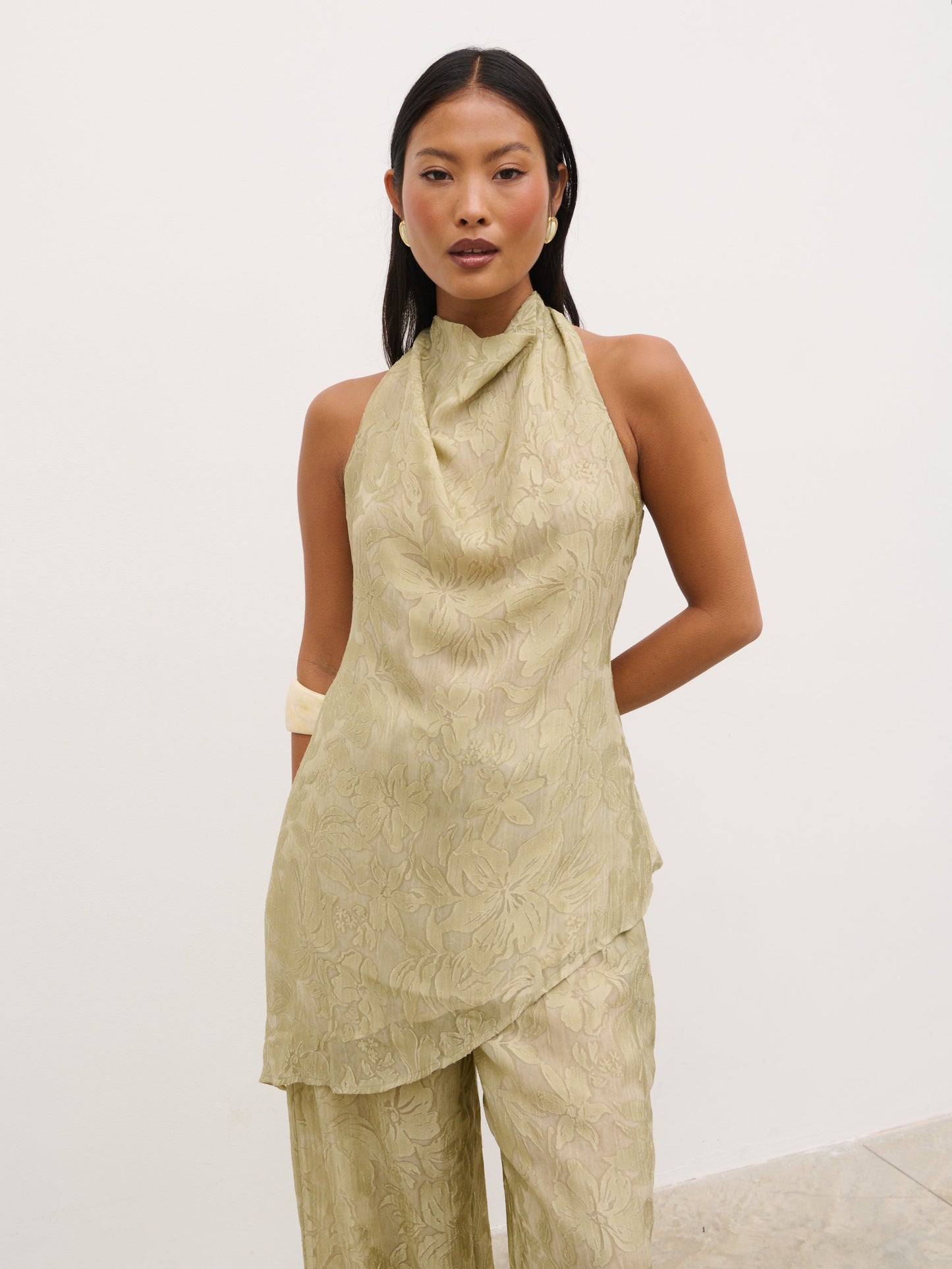 Inca Asymmetric Cowl Neck Top - Olive Jacquard Floral