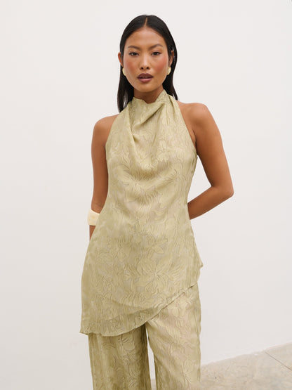 Inca Asymmetric Cowl Neck Top - Olive Jacquard Floral