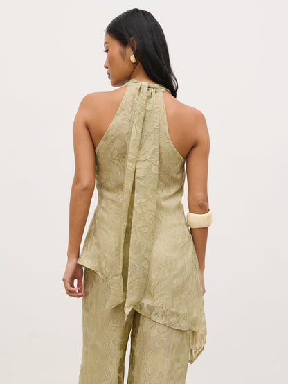 Inca Asymmetric Cowl Neck Top - Olive Jacquard Floral