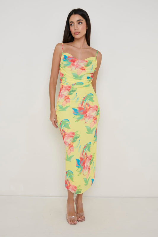 Keisha Ruched Midaxi Dress - Lemon Abstract Floral