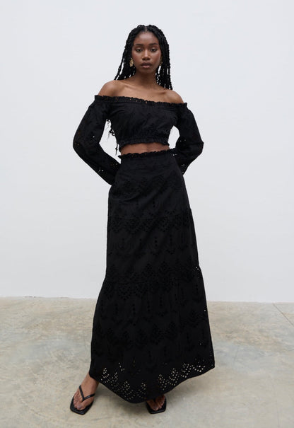 Lilla Broderie Maxi Skirt - Black