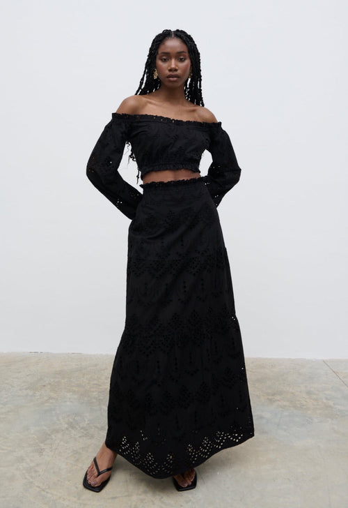 Lilla Broderie Maxi Skirt - Black