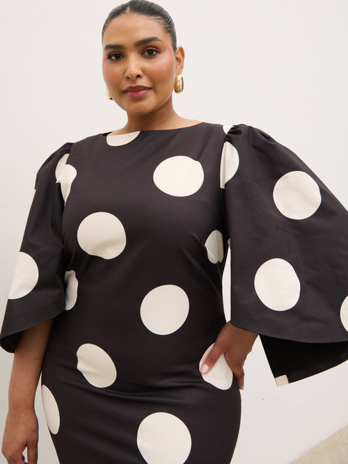 Liora A-Line Midaxi Dress Curve - Black and Cream Polkadot