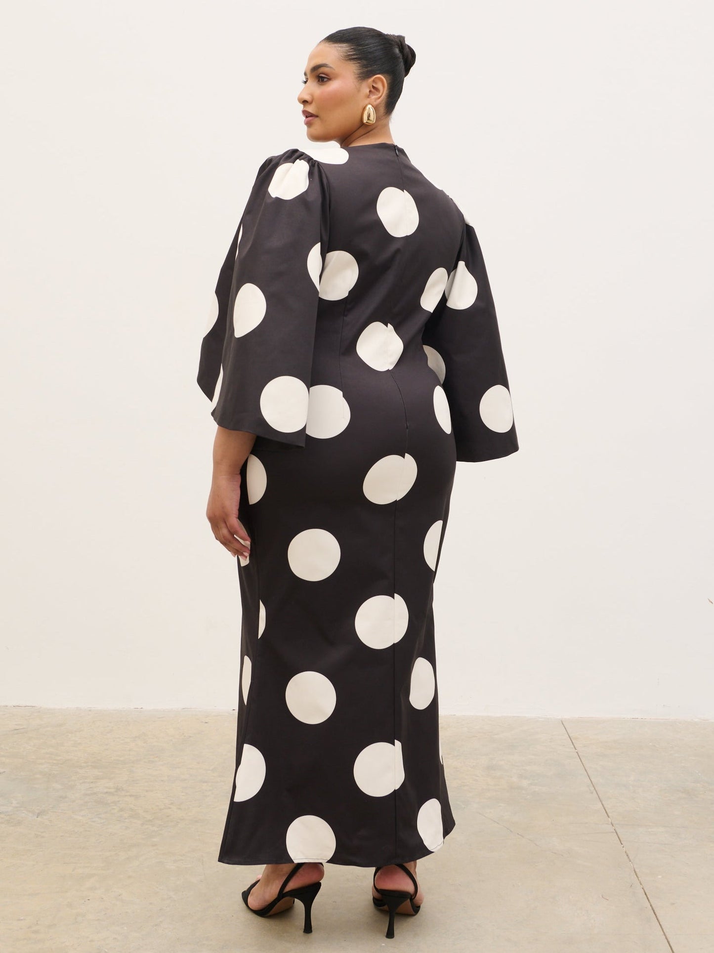 Liora A-Line Midaxi Dress Curve - Black and Cream Polkadot
