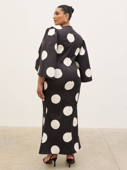 Liora A-Line Midaxi Dress Curve - Black and Cream Polkadot
