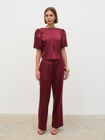 Lorah Puff Sleeve Bonded Satin Top - Wine