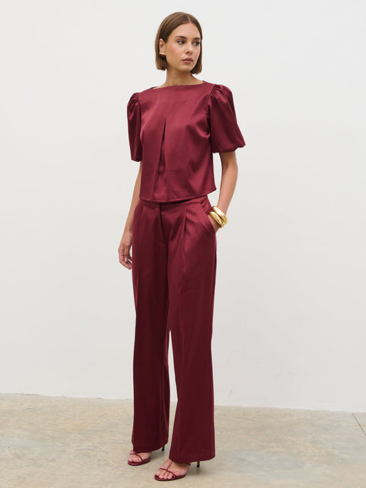 Lorah Puff Sleeve Bonded Satin Top - Wine