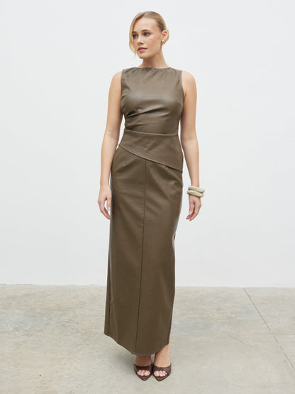 Maeve High Neck Faux Leather Top - Khaki