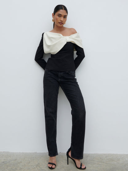 Naomi Exaggerated Bow Top - Black and Cream