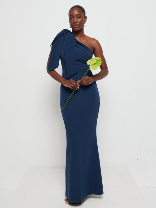 Nevaeh One Shoulder Crepe Maxi Bridesmaid Dress - Navy