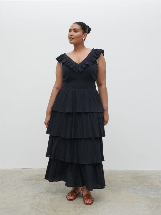 Opal Ruffle Midaxi Dress Curve - Black