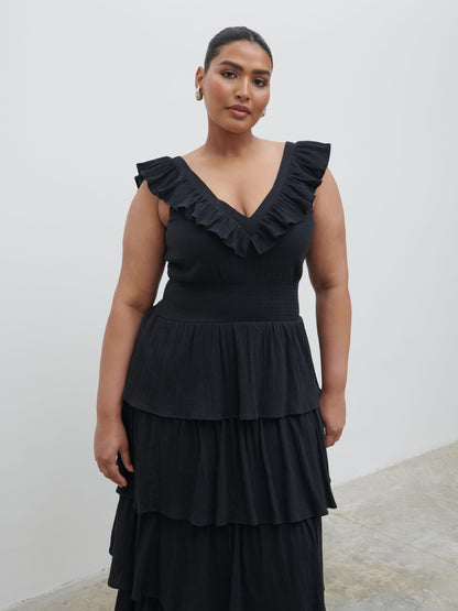 Opal Ruffle Midaxi Dress Curve - Black