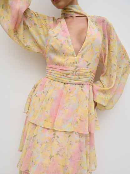 Anya Ruffle Maxi Dress - Pastel Multi Abstract Print