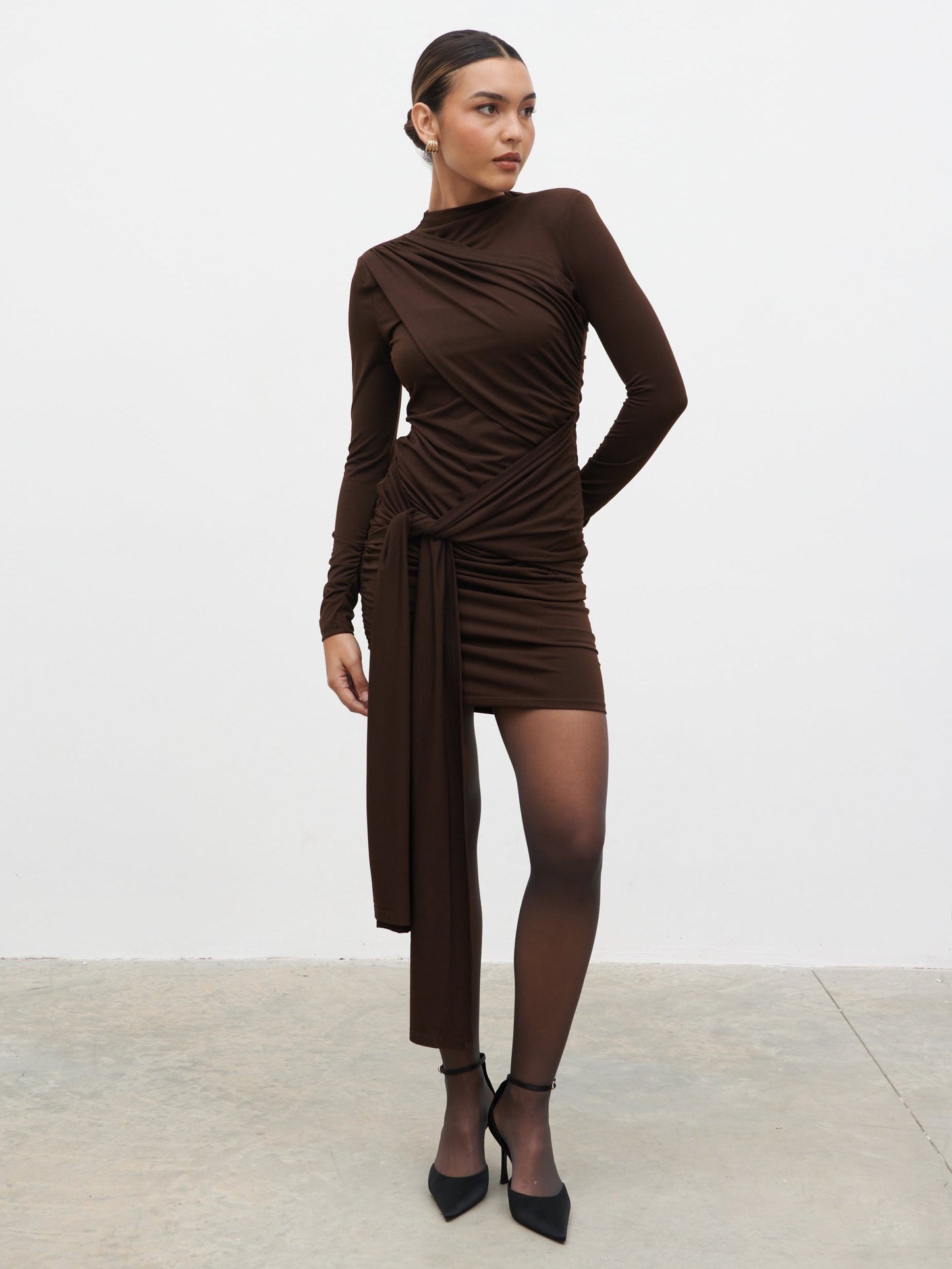 Raya Drape Jersey Mini Dress - Brown