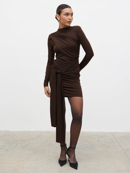Raya Drape Jersey Mini Dress - Brown