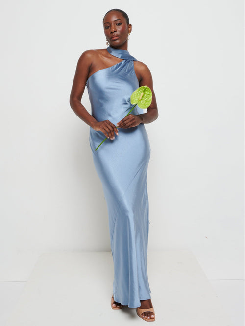 Sheree Scarf Maxi Bridesmaid Dress - Dusty Blue