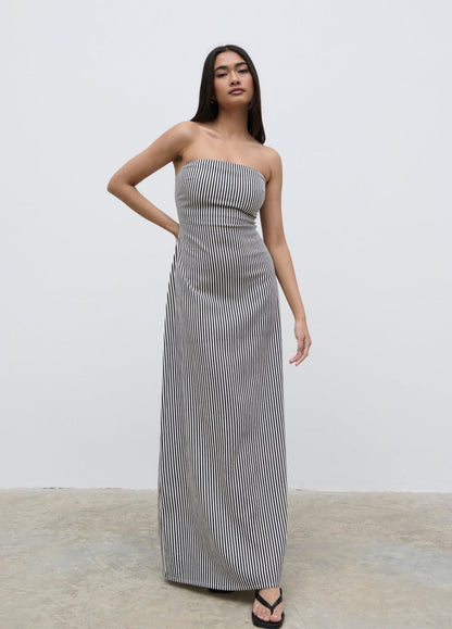 Sunny Striped Bandeau Dress - Stone and Black
