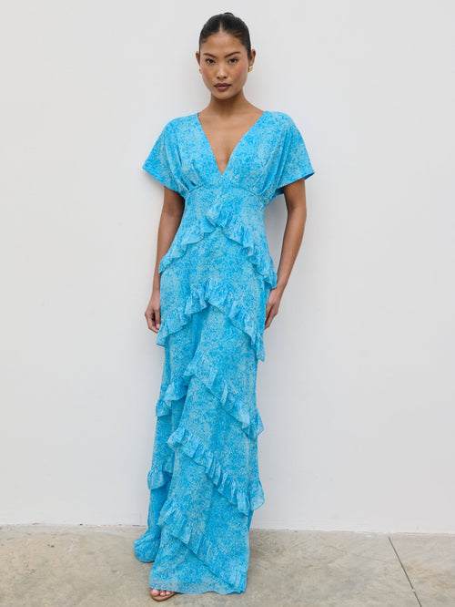 Tamsin Ruffle Chiffon Dress - Blue Multi Abstract Print