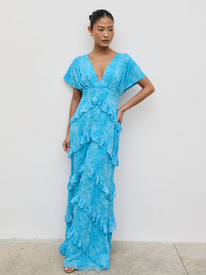 Tamsin Ruffle Chiffon Dress - Blue Multi Abstract Print