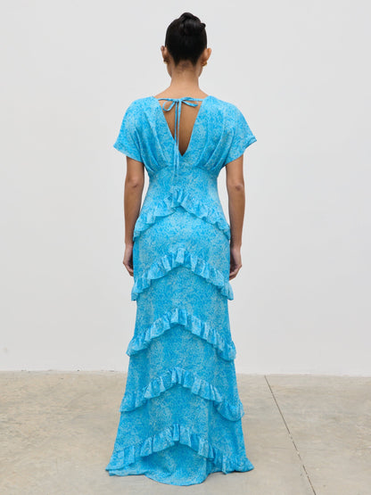 Tamsin Ruffle Chiffon Dress - Blue Multi Abstract Print