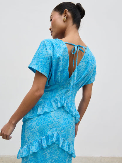 Tamsin Ruffle Chiffon Dress - Blue Multi Abstract Print