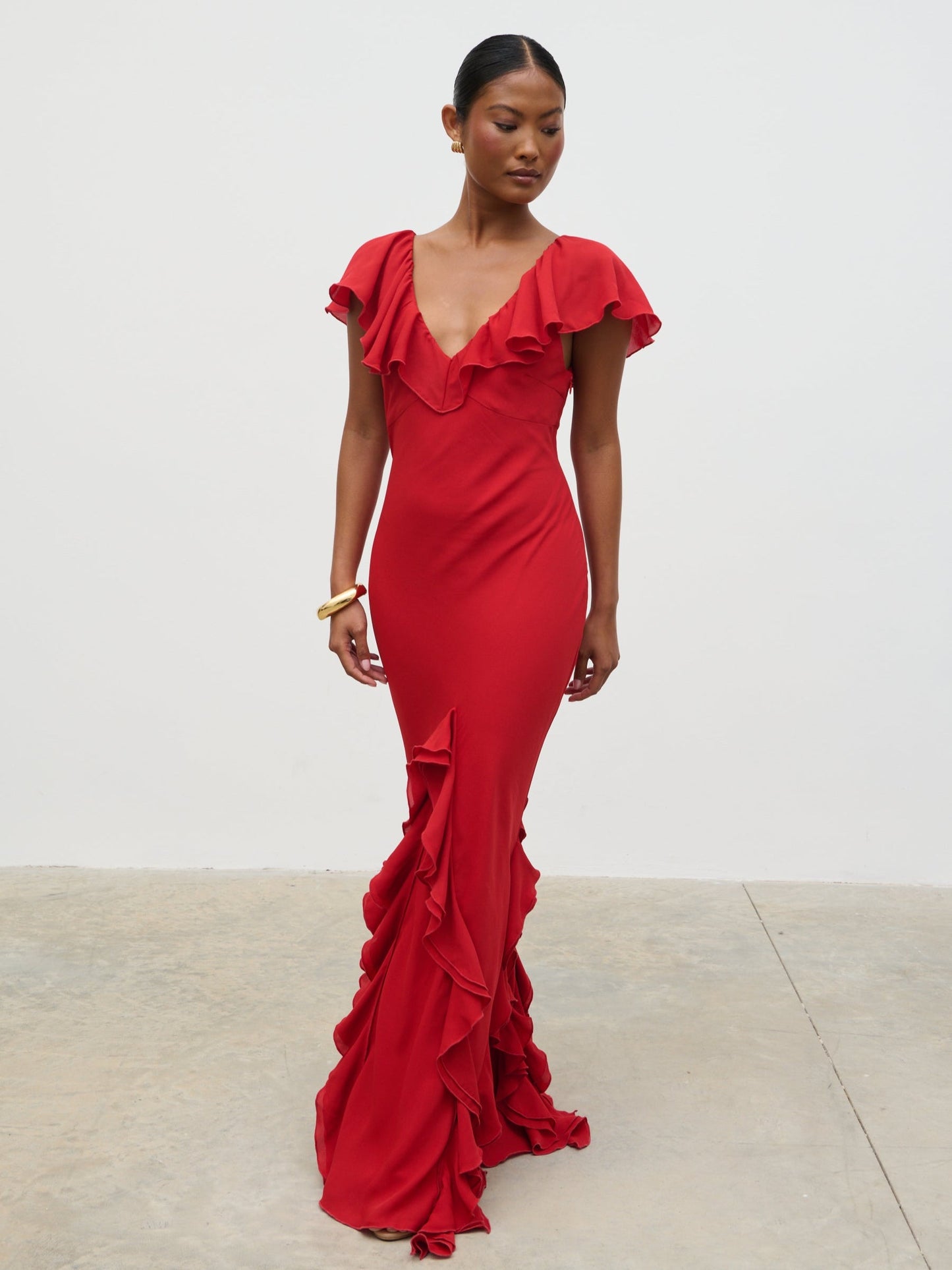Uma Cap Sleeve Ruffle Maxi Dress - Red