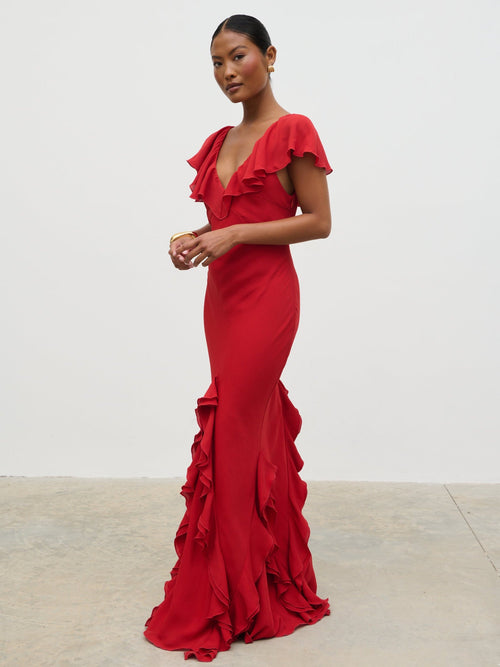 Uma Cap Sleeve Ruffle Maxi Dress - Red