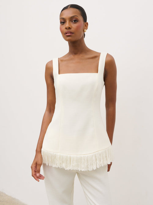 Verona Fringed Tweed Top - Cream