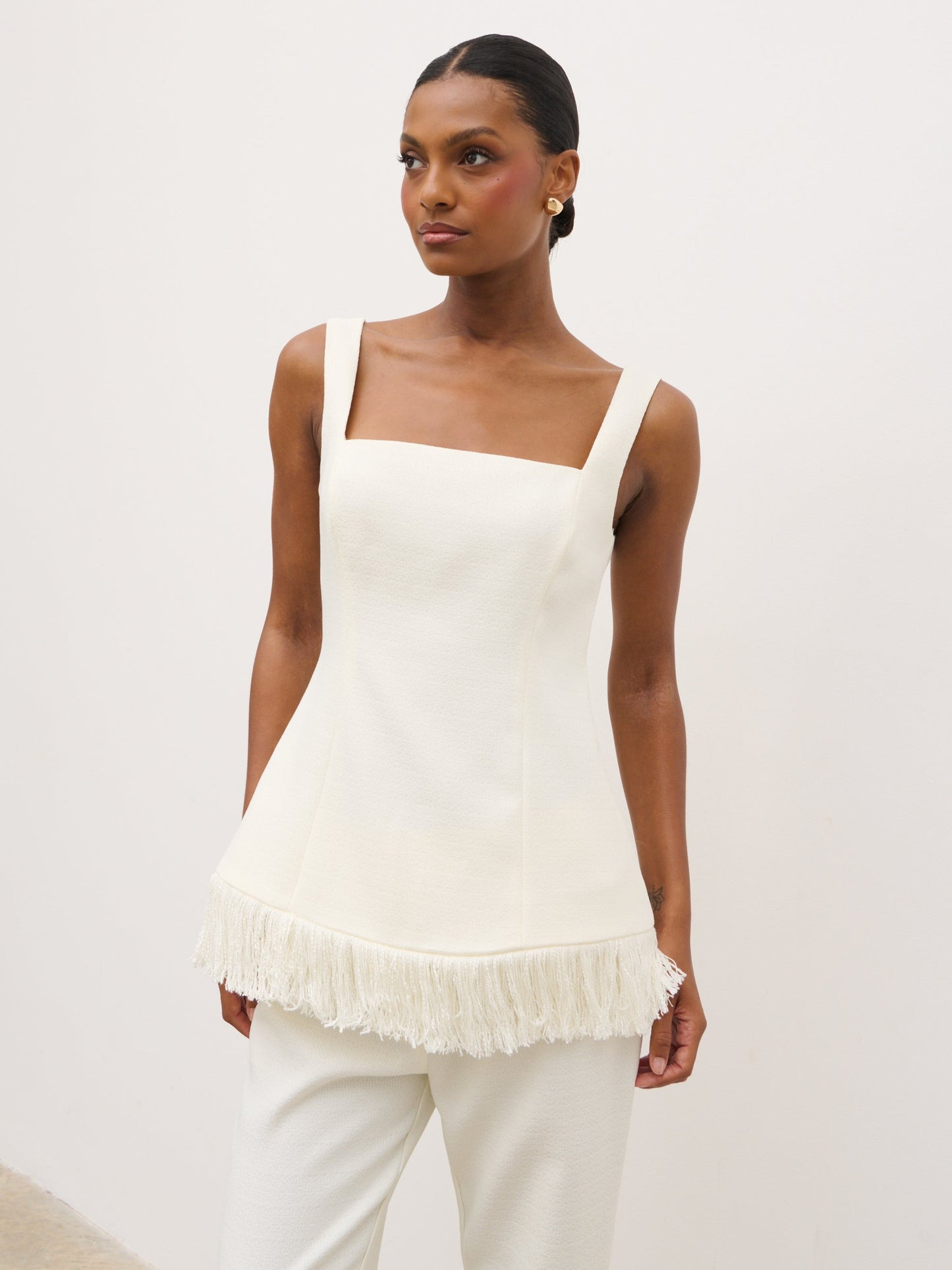 Verona Fringed Tweed Top - Cream