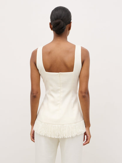 Verona Fringed Tweed Top - Cream