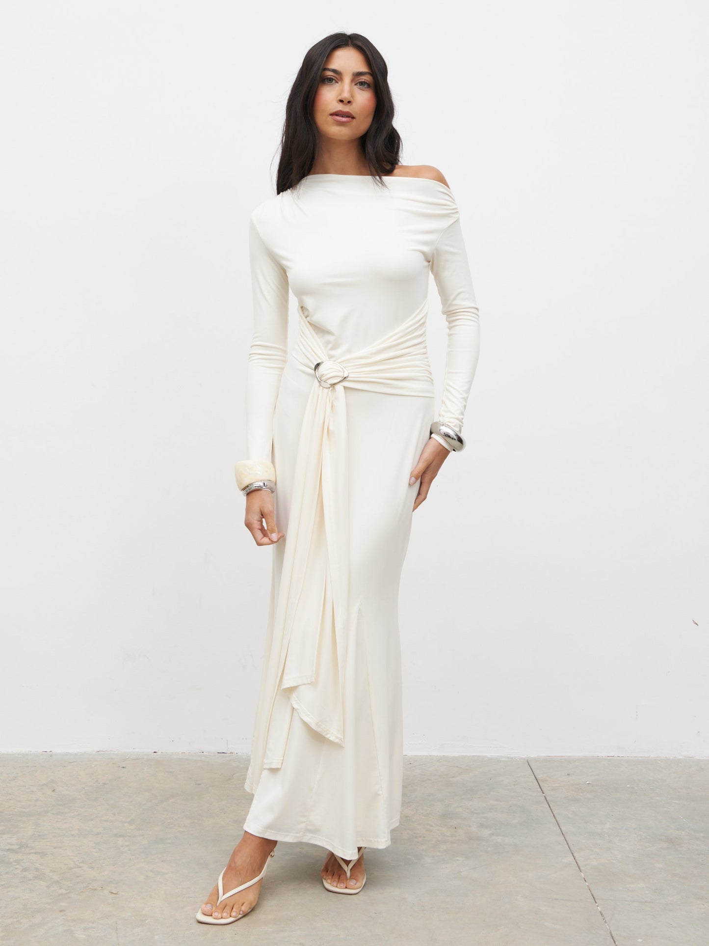 Yarelia Ruched Trim Jersey Maxi Dress - Cream