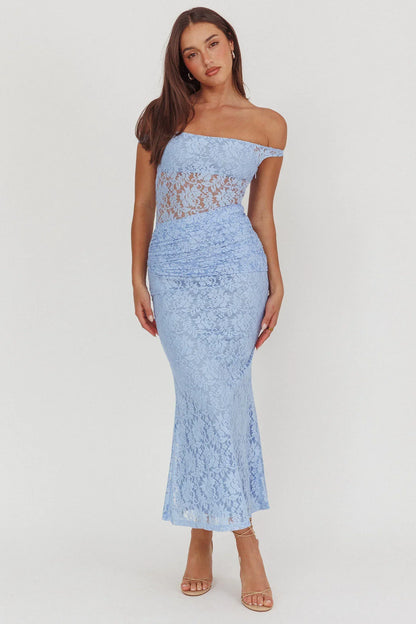 Bellora Off-Shoulder Lace Maxi Dress Blue