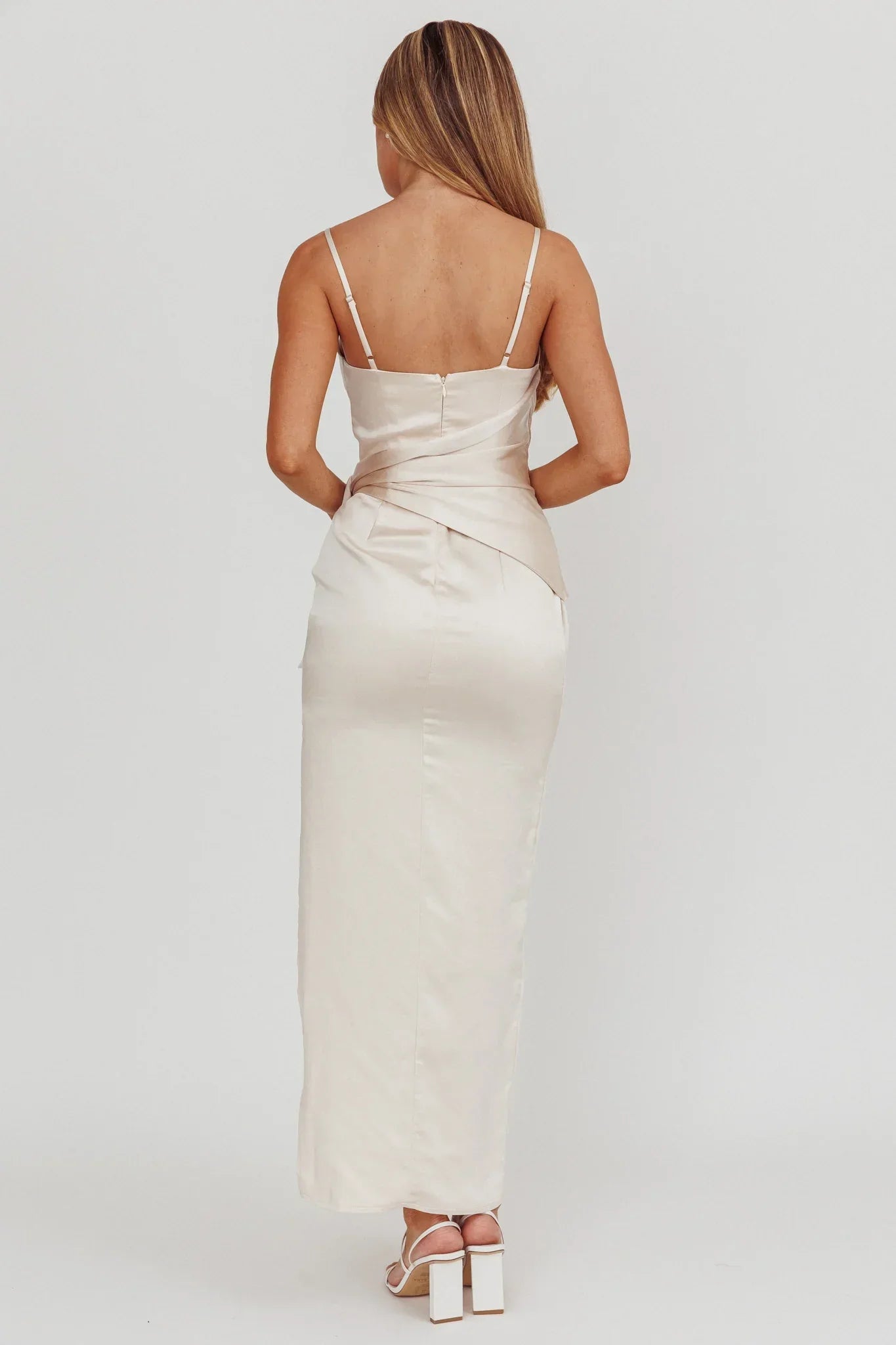 Celestine Waist Tie Satin Maxi Dress Light Champagne