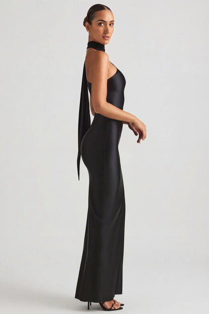 Asymmetric Scarf-Detail Maxi Dress in Black