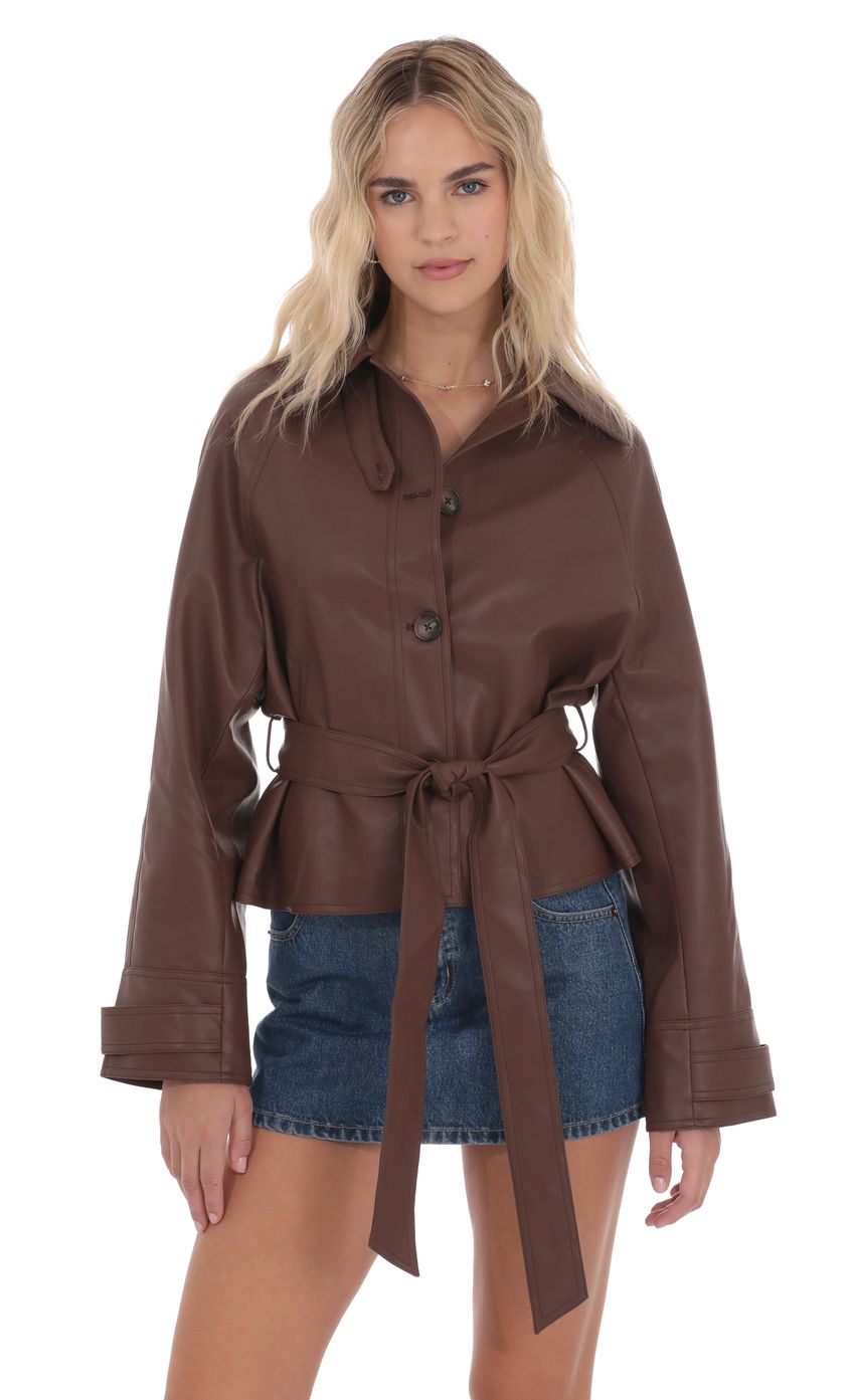 Belted Faux Leather Jacket in Black