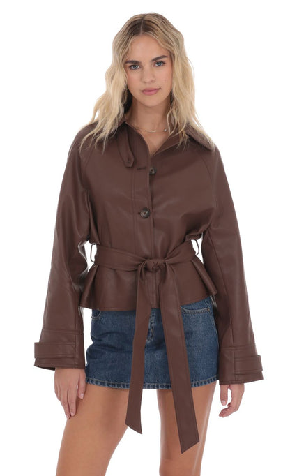 Belted Faux Leather Jacket in Black