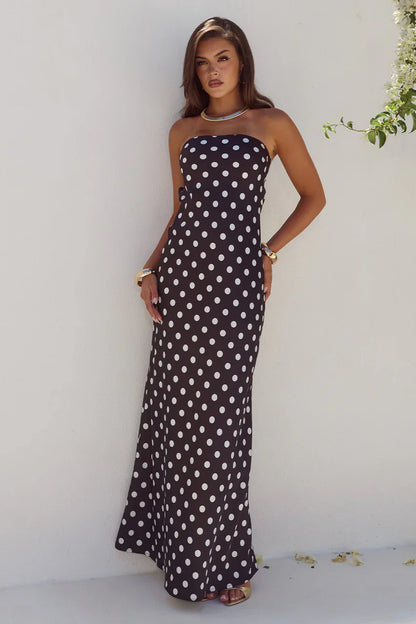 CELESTE STRAPLESS MAXI DRESS - BLACK/WHITE POLKA