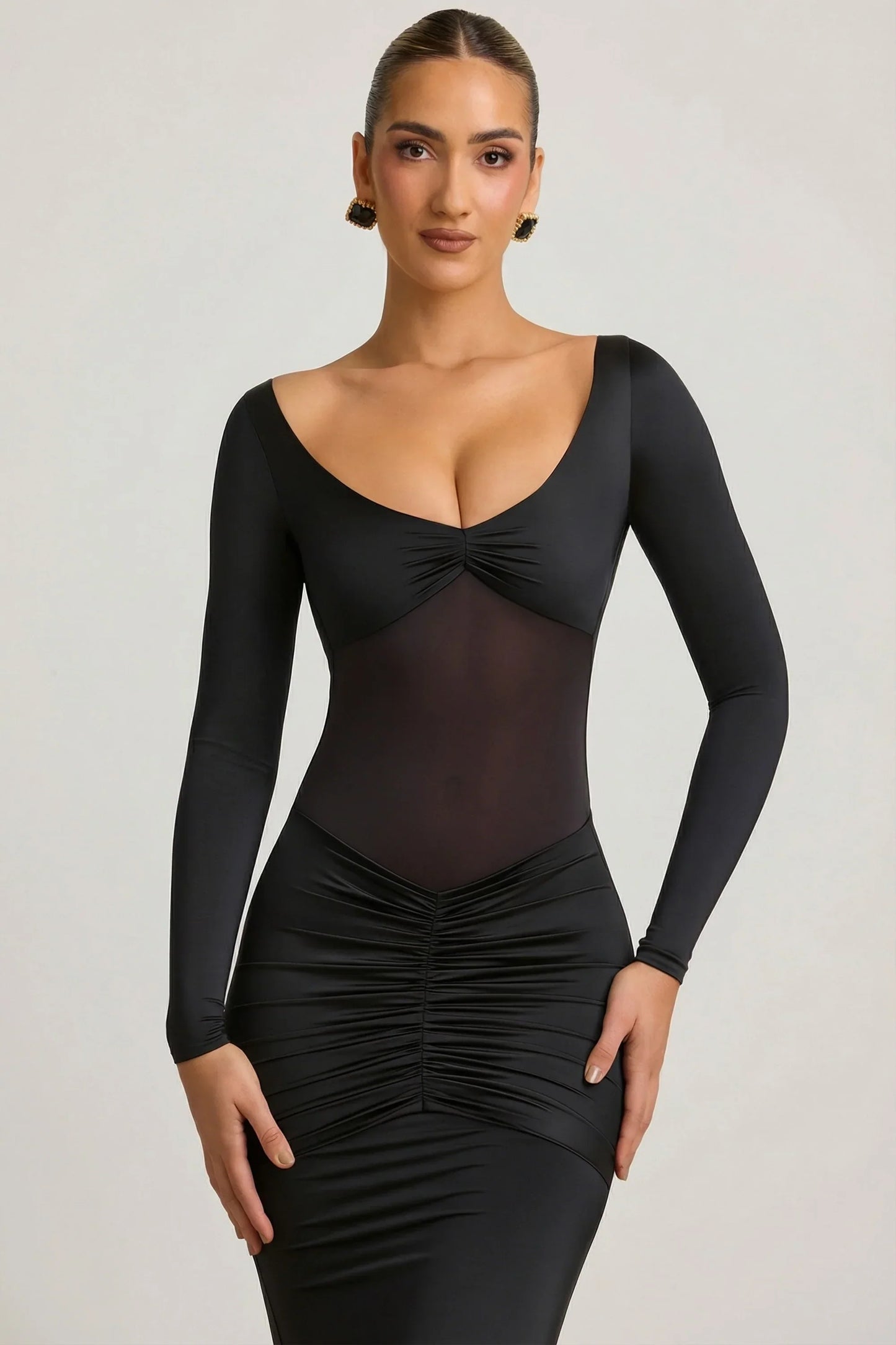 Bow-Detail Ruched Maxi Dress in Black