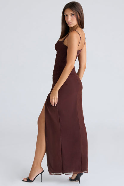 burgundy stretch mesh maxi dress