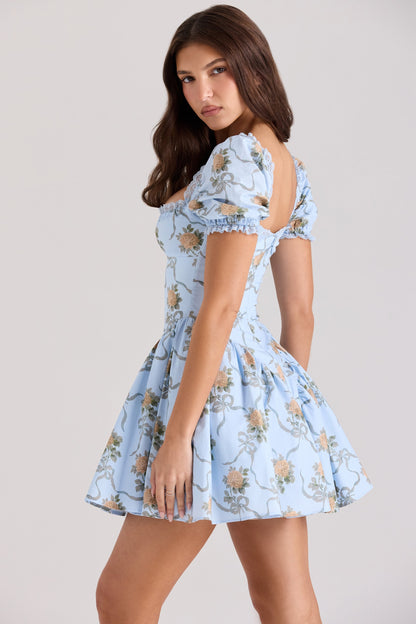 blue rose print cotton mini dress