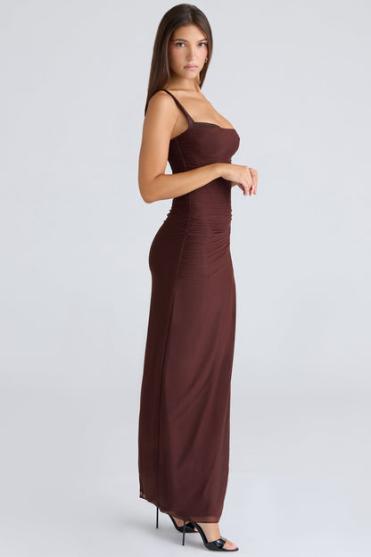 burgundy stretch mesh maxi dress