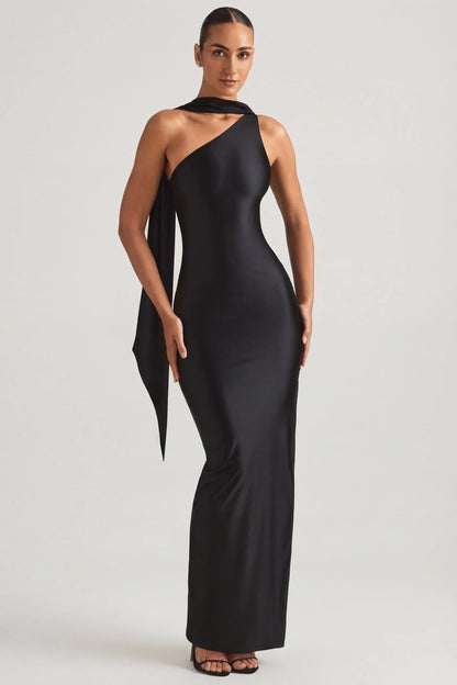 Asymmetric Scarf-Detail Maxi Dress in Black