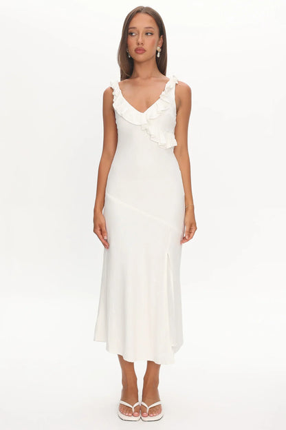 Alba Frill Trim Midi Dress White