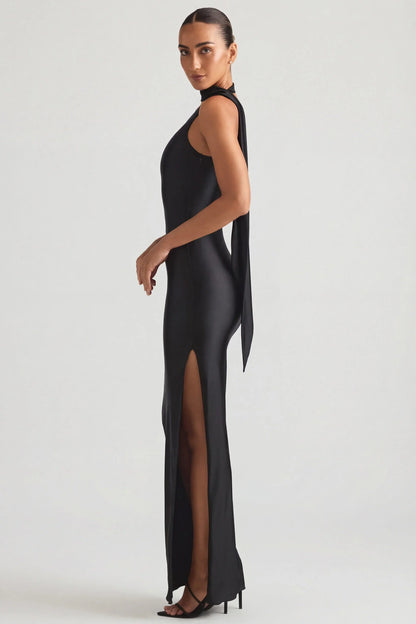 Asymmetric Scarf-Detail Maxi Dress in Black
