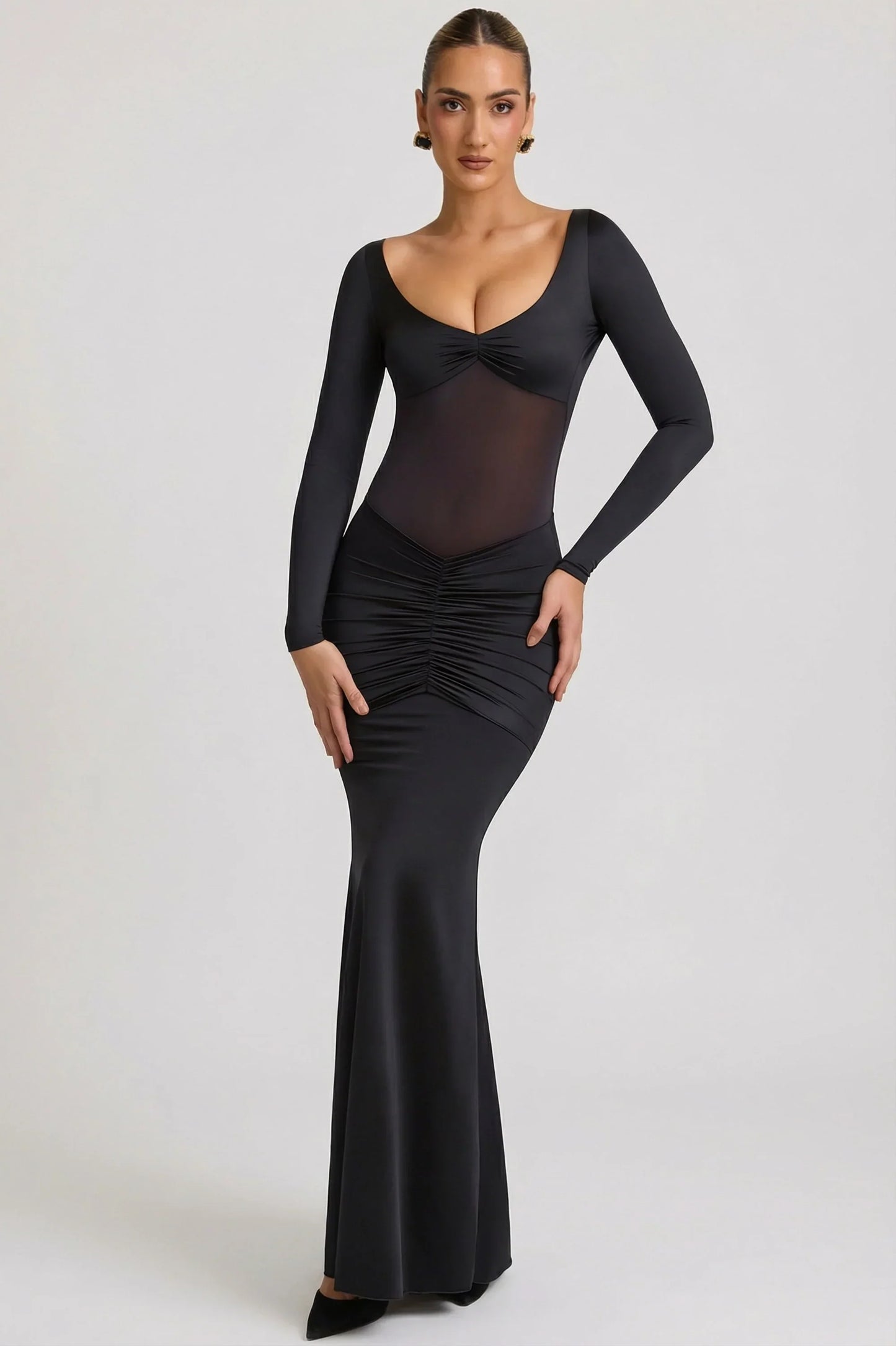 Bow-Detail Ruched Maxi Dress in Black