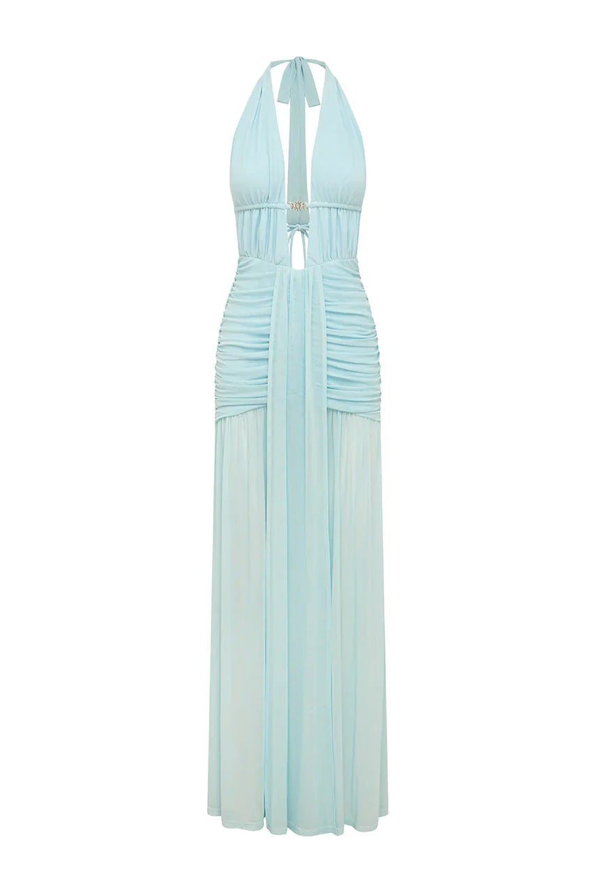 ADRIANNA PLUNGE RUCHED MAXI DRESS - AQUA