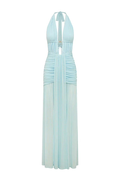 ADRIANNA PLUNGE RUCHED MAXI DRESS - AQUA