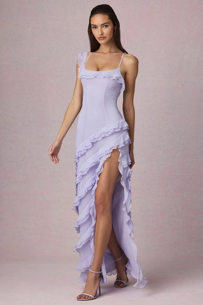 Asymmetric Ruffled Lace-Up Gown in Lilac