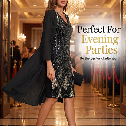🔥Limited-Time Offer-Women's Long-Sleeve Printed Dress & Cardigan 2 Piece Set✨